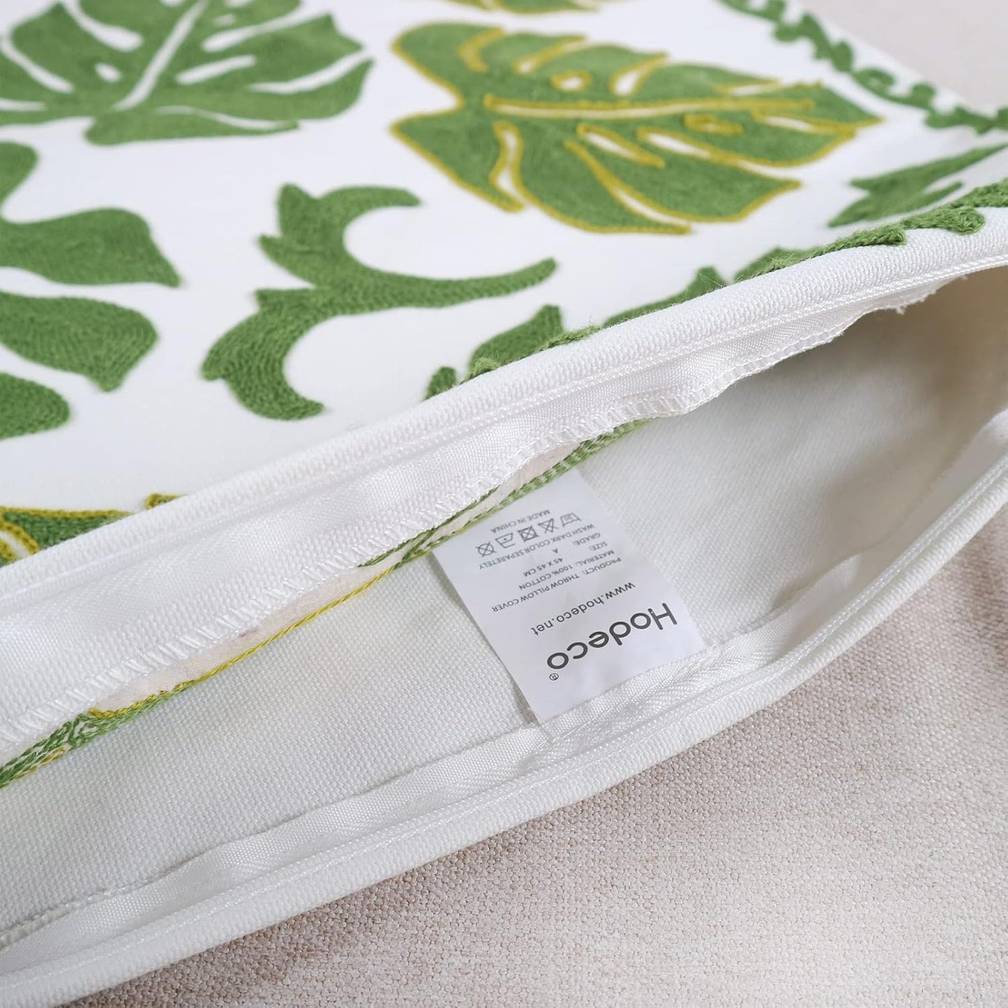 Embroidery Throw Pillow Cover 18x18 Tropical Leaves Home Decor Monstera Leaf Embroidered Green Floor Pillow Cover for Couch Sofa Chair 100% Cotton Cushion Cover Pillow Case 45x45cm, 1 Piece