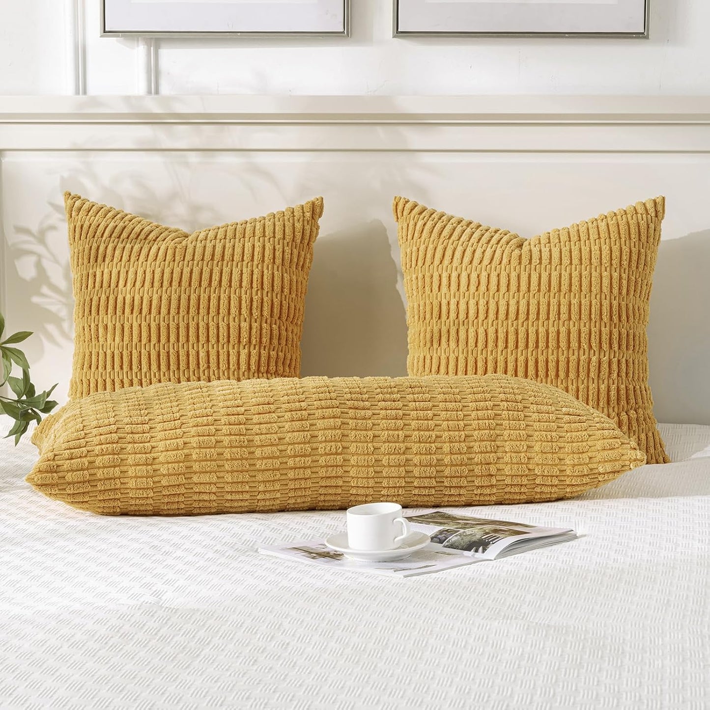 Fancy Homi Mustard Yellow Long Body Lumbar Lumbar Decorative Throw Pillow Covers 14x36 Inch for Bed Couch Bedroom Bench, Soft Corduroy Rectangle Solid Pillow Case, Rustic Farmhouse Boho Room Decor