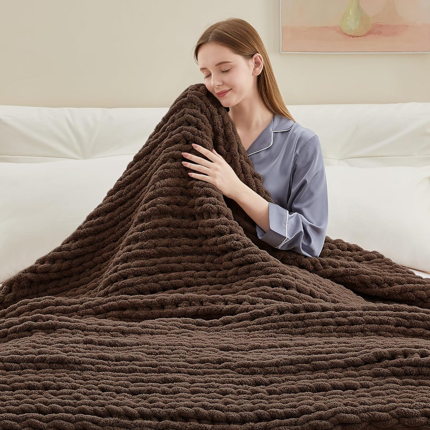 Chunky Knit Throw Blanket, 60''*80'' Knitted Throw Chenille Yarn for Bed Couch, Handmade Dark Brown Crochet Big Thick Blanket, Machine Washable Cute Comfy Blanket for Home Decor