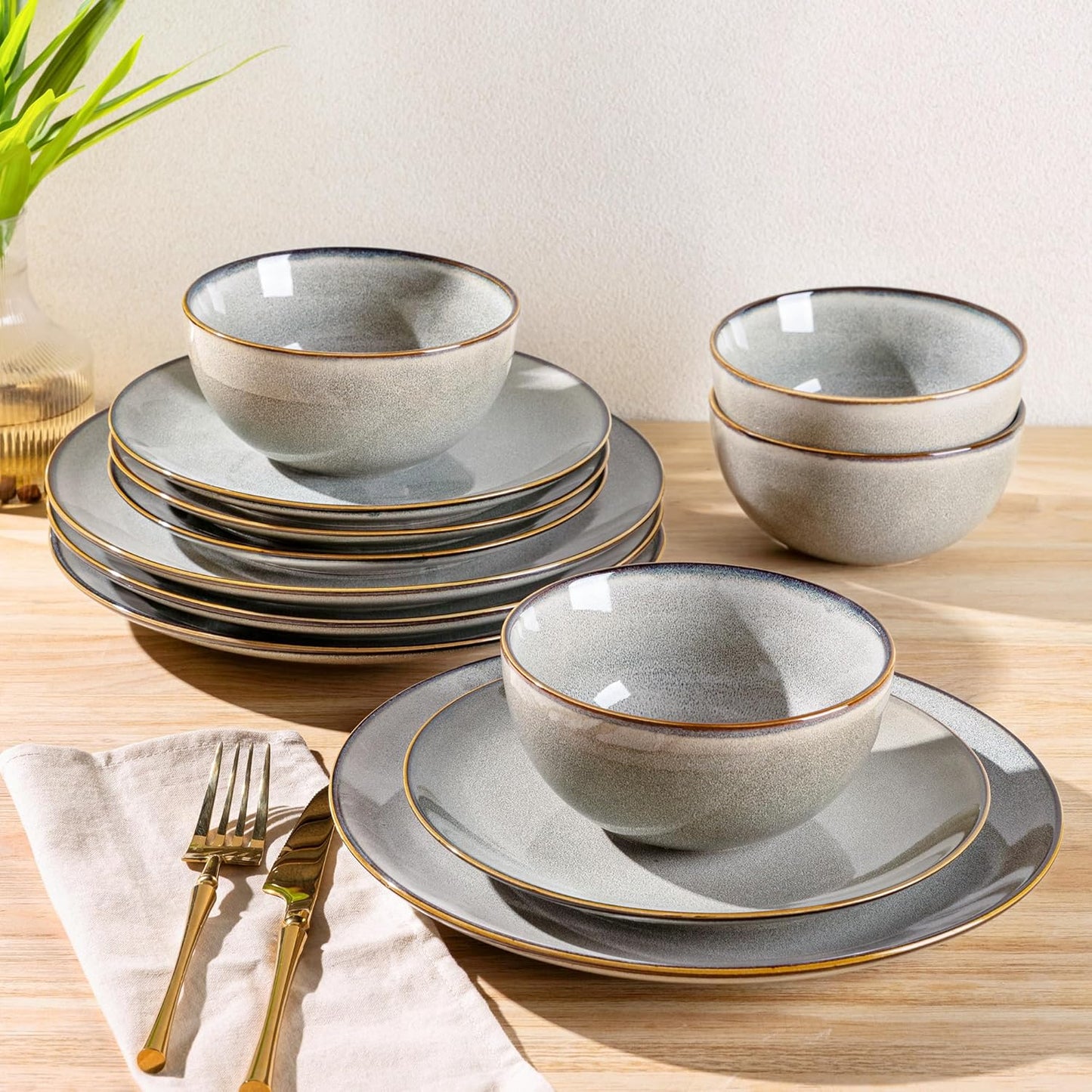 GBHOME Ceramic Dinnerware Sets for 4, 12 Pieces Stoneware Plates and Bowls Sets, Reactive Glaze Dishes -Scratch Resistant, Dishwasher&Microwave Safe