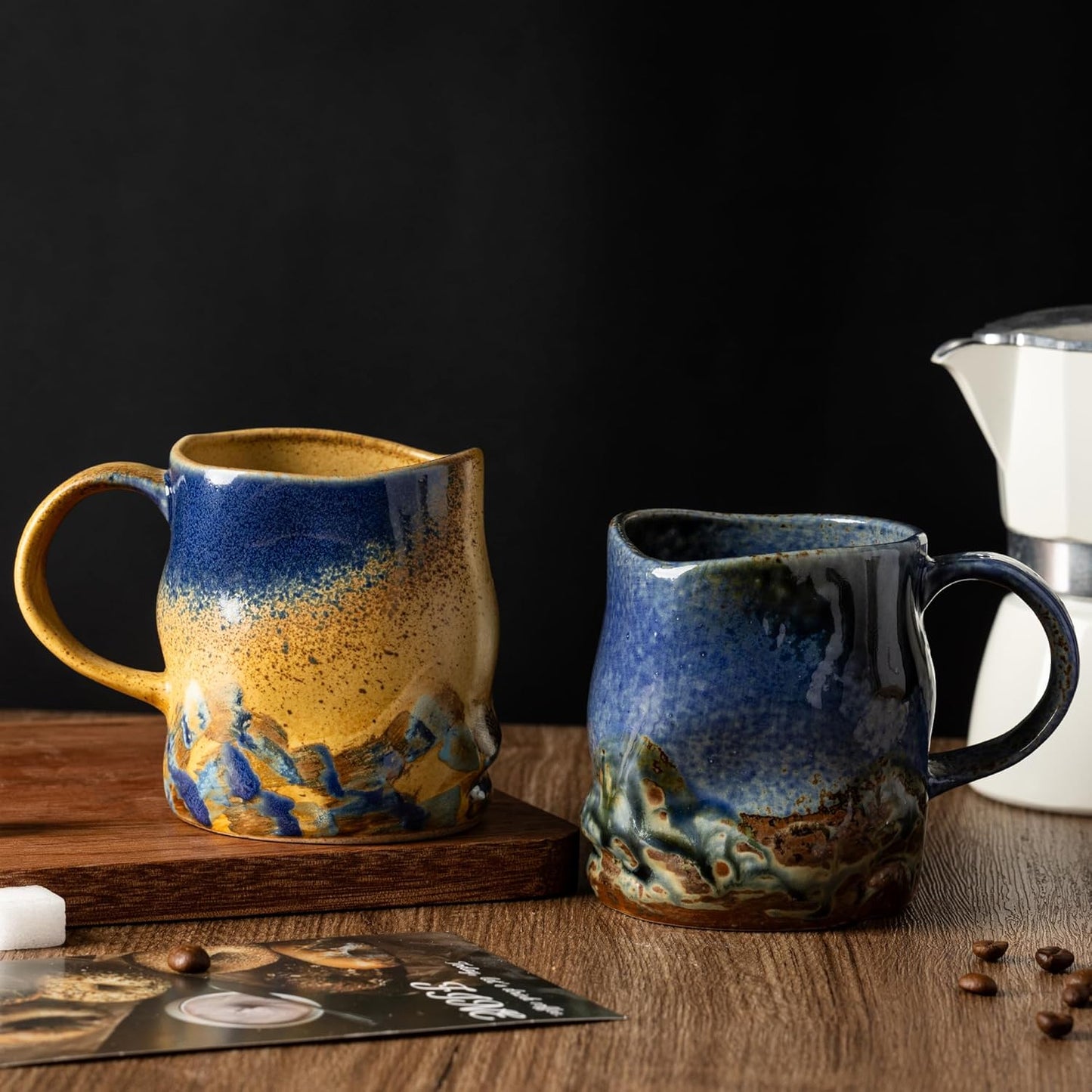 Handmade Ceramic Coffee Mugs, Mugs with Coffee Spoon, 11oz, Handmade Pottery Mug with Handle, Hand-painting, Unique Uneven Surface Tea cups, Dishwasher and Microwave Safe (Blue)