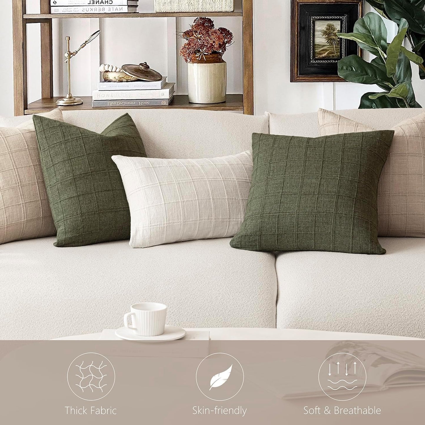 Foindtower Set of 2 Decorative Linen Check Throw Pillow Covers Neutral Farmhouse Vintage Cushion Covers Modern Boho Home Decor for Sofa Chair Couch Bedroom Living Room,26×26 Inch,Natural Linen