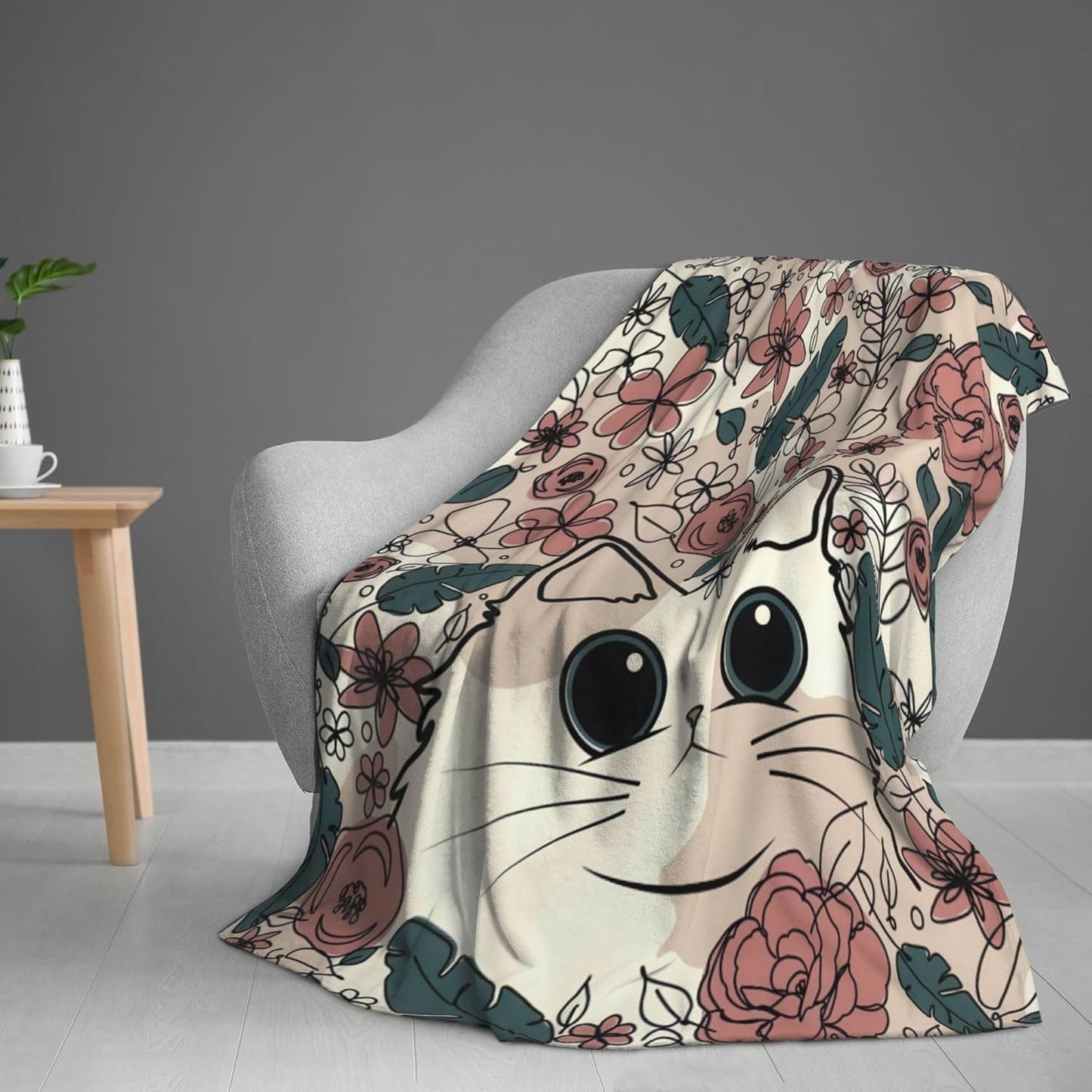 Cute Cat Floral Throw Blanket, Wildflowers Fuzzy Blanket, Ultra Soft Cozy Flannel Throw Blankets Lightweight Fleece Blankets for Bed Couch Sofa 60"×80"