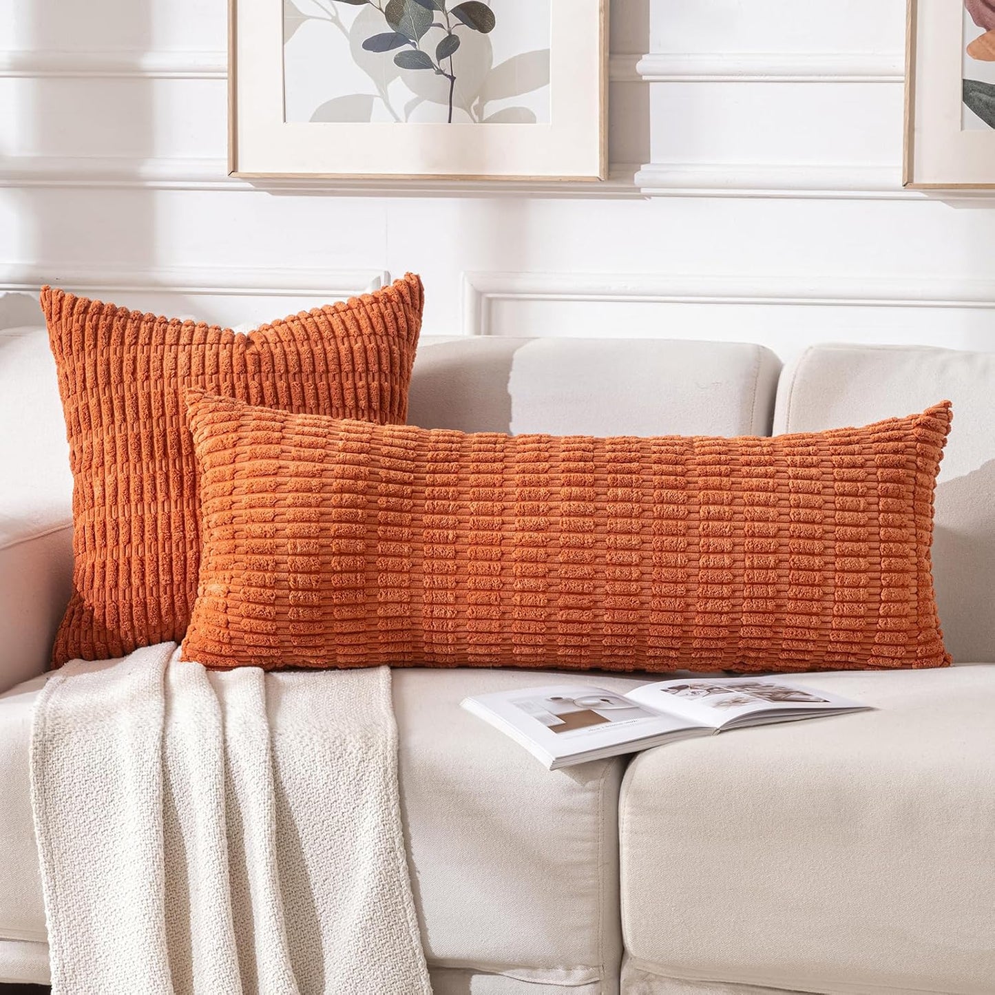 Fancy Homi Burnt Orange Long Body Lumbar Decorative Throw Pillow Cover 14x36 Inch for Bedroom Couch Bed Sofa, Farmhouse Boho Fall Room Decor, Soft Striped Corduroy Rectangle Pillow Case