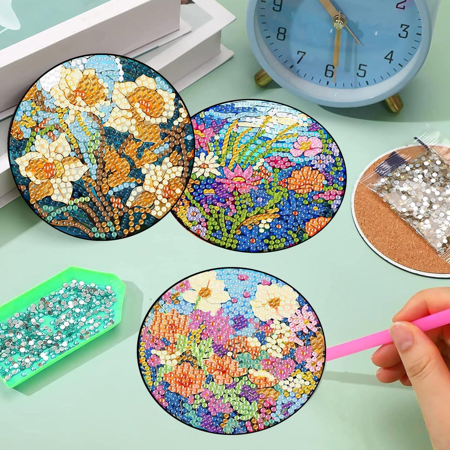 Meothan 8 Pack Diamond Art Coasters Kit-Flowers Diamond Painting Coasters Kits with Holder Cork Pads DIY Flower Diamond Coasters Set for Adults Beginners Crafts Supplies