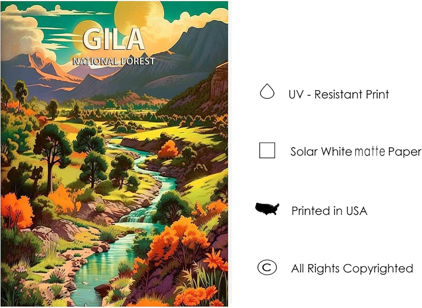 Gila National Forest Poster Art Print Retro Mountain Wall Art Poster Vintage Decor Nature Recreation Wilderness Wildlife Decoration, Outdoor Adventure Scenic Beauty Artwork. (Gila National Forest,