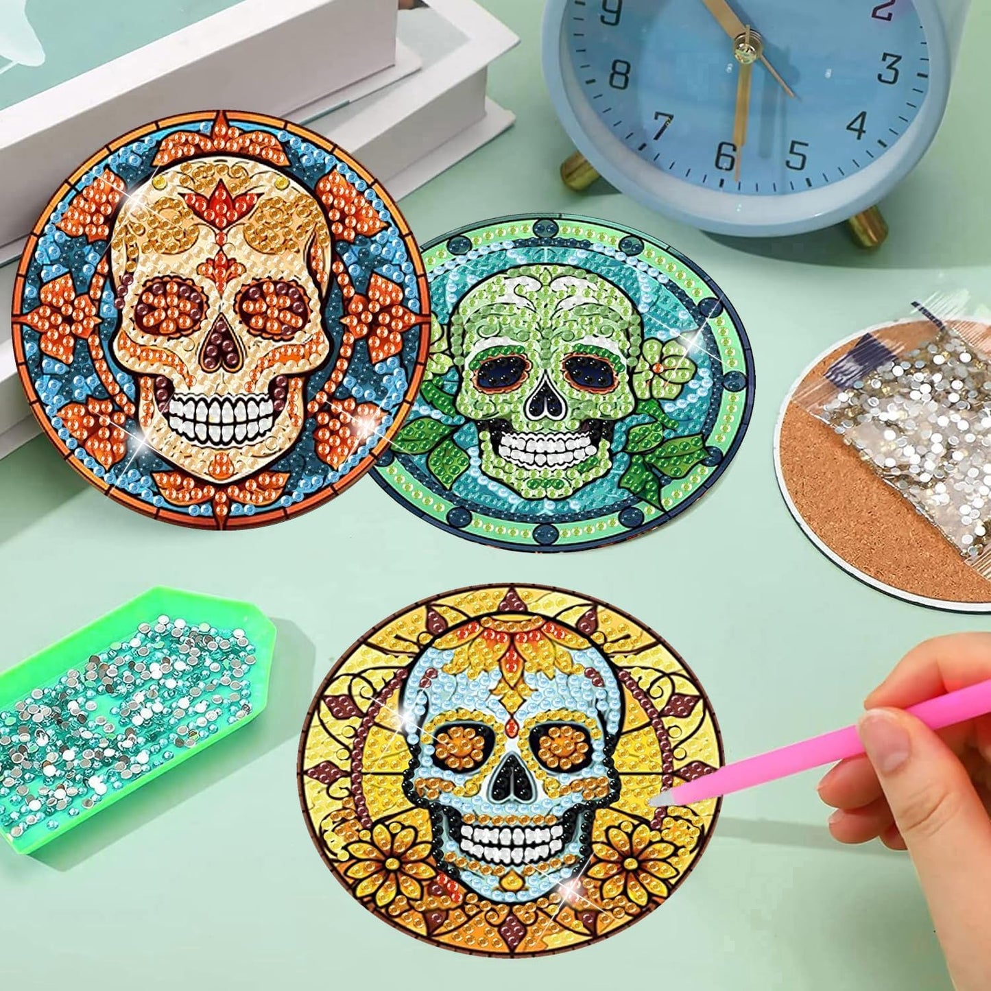 Meothan 8 Pcs Diamond Art Coasters Kits for Adults with Holder Cork Pads, Skull Diamond Dots Art Painting Coasters Crafts Kit for Home Office Decor (Stained Glass Style)