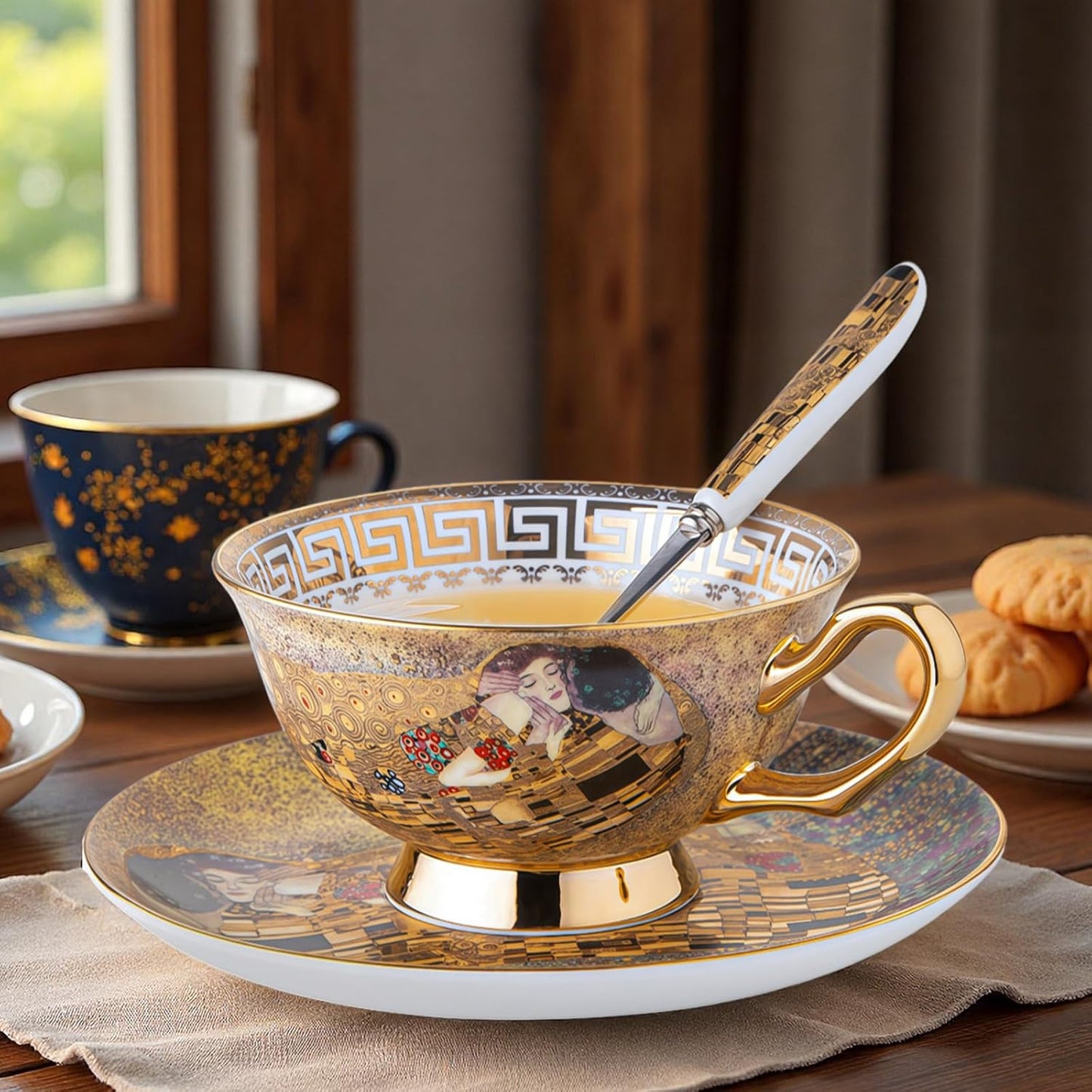 Ebrima Bone China Cup & Saucer Set, European Tea Cup Set with Spoon, Vintage Ceramic Coffee Cups for Home, Kitchen, Wedding, Christmas Gift