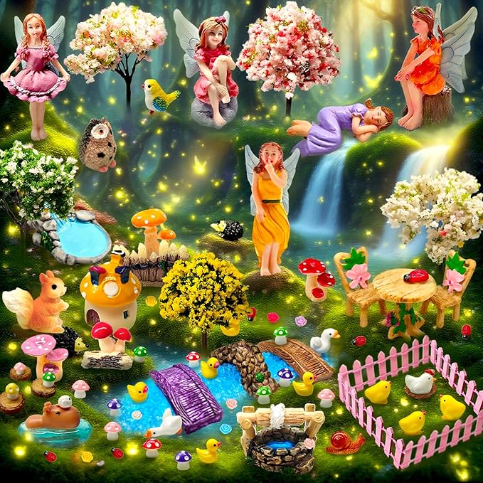 114 Pcs Miniature Fairy Garden Accessories Kit Resin Elves Animal Figurines Decor Micro Landscape Ornaments for DIY Micro Dollhouse