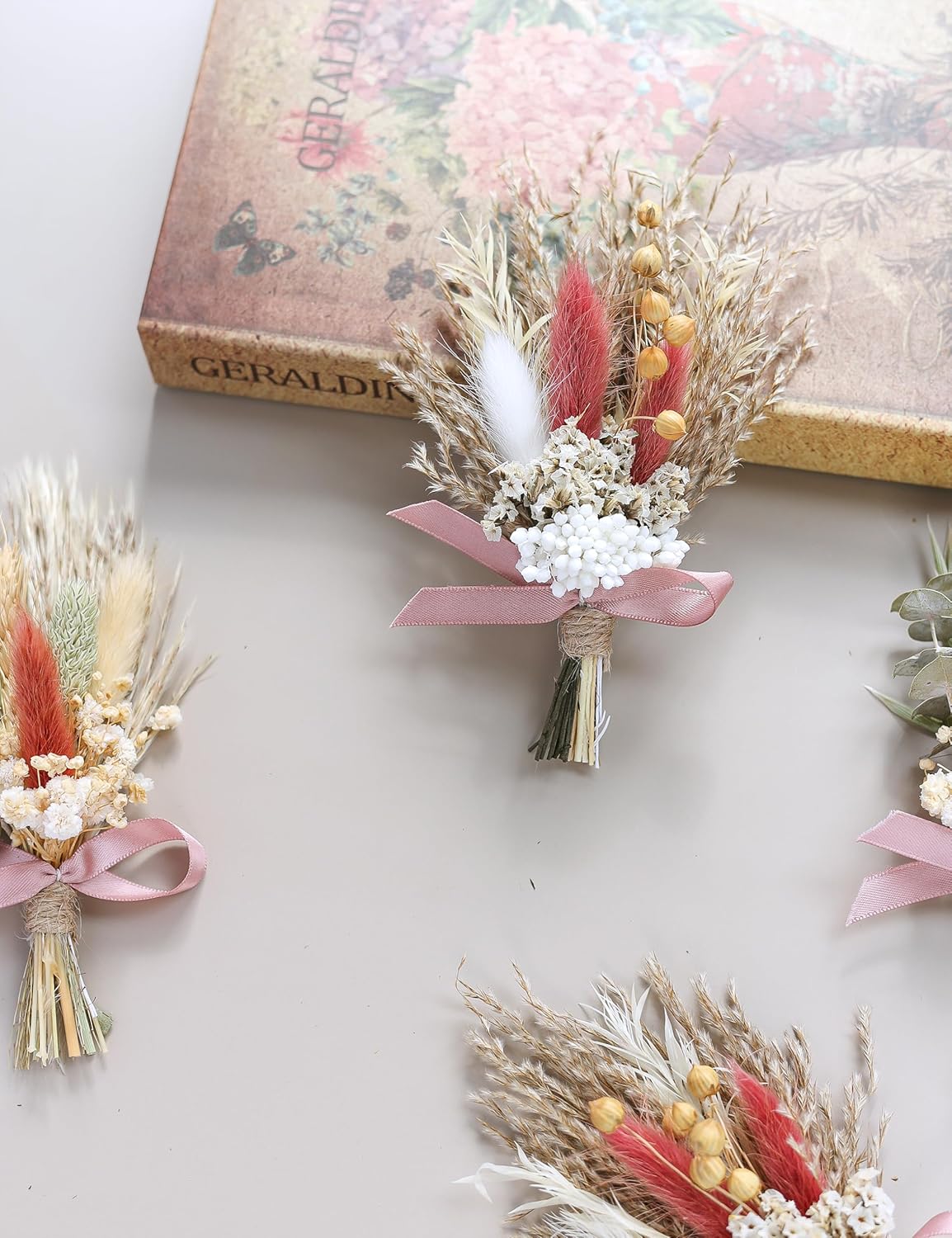 Mini Dried Flower Bouquet (Pack of 6) Suitable for wedding party dinner plate decoration, small dried flowers for crafts, birthday cake bridesmaid gift box, envelope decoration.(Dark Orange)