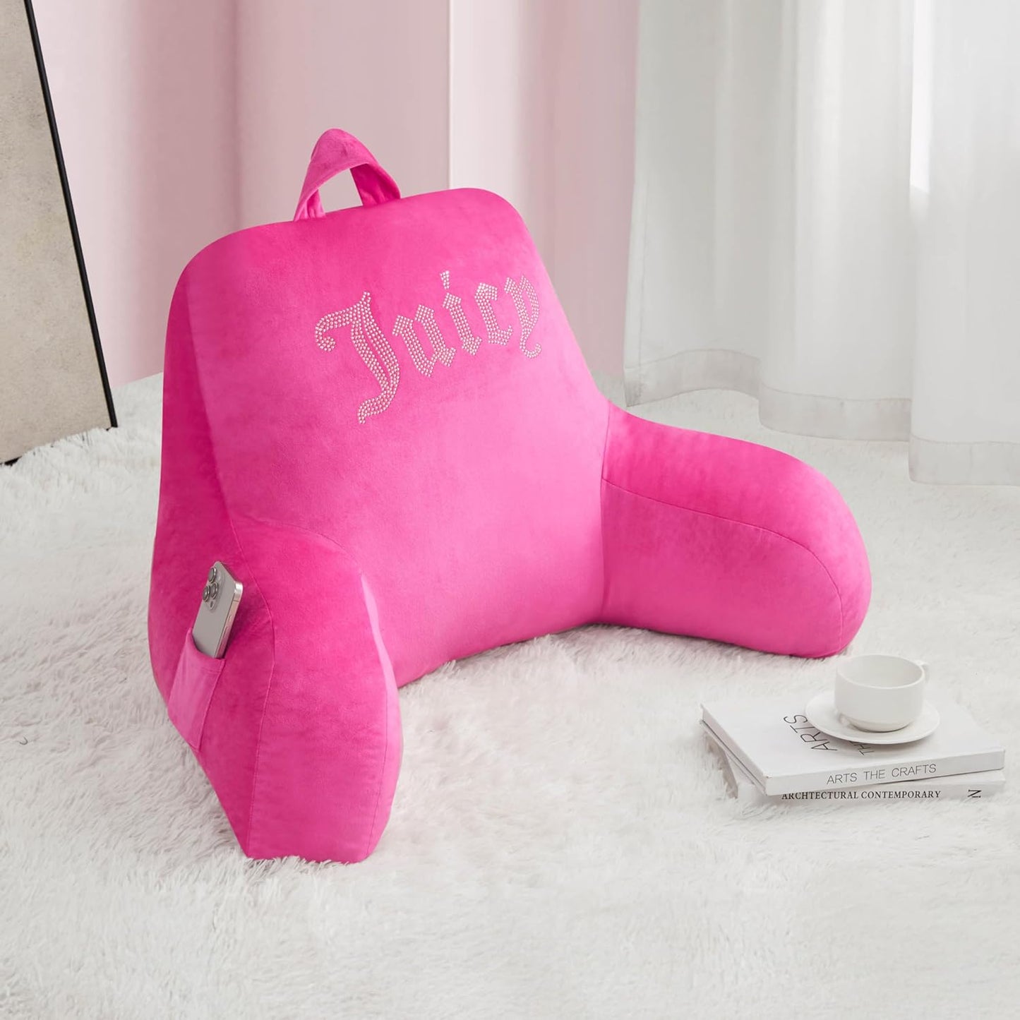 Juicy Couture Velour Backrest Pillow with Rhinestone Juicy Logo - 30"x17", Hot Pink Supportive Bed Rest Pillow for Reading, Gaming, or Relaxing