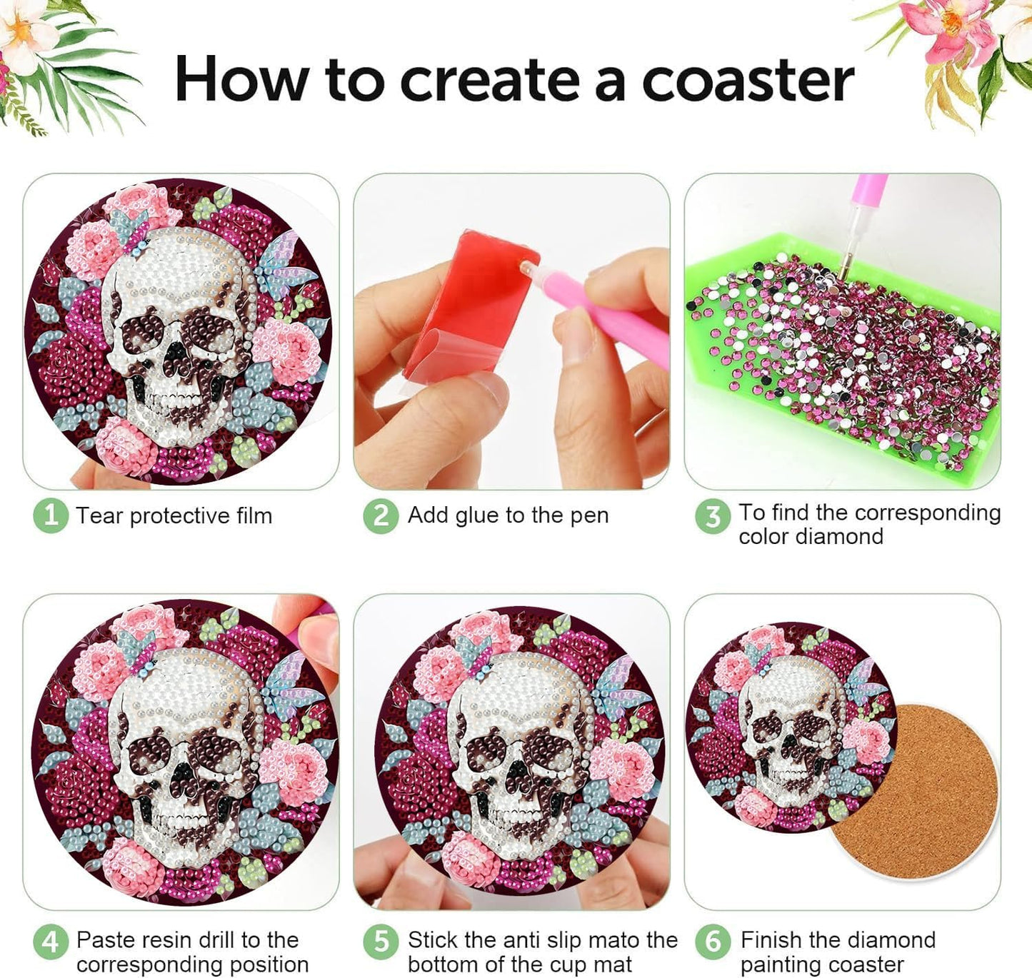 Meothan 8 Pcs Diamond Art Coasters Kits for Adults with Holder Cork Pads, Skull Flowers Diamond Dots Art Painting Coasters Crafts Kit for Home Office Decor (4x4in)