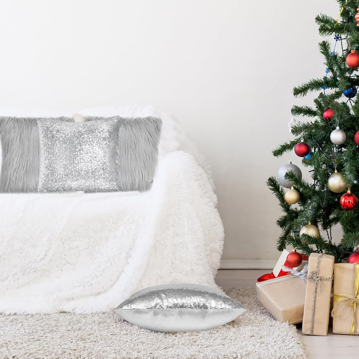 Irenare 4 Pcs Sequin and Fluffy Pillow Covers Winter Throw Pillow Cases Soft Cushion Cover for Couch Bed Sofa Xmas Day(18 x 18 Inch,Silver, Gray)
