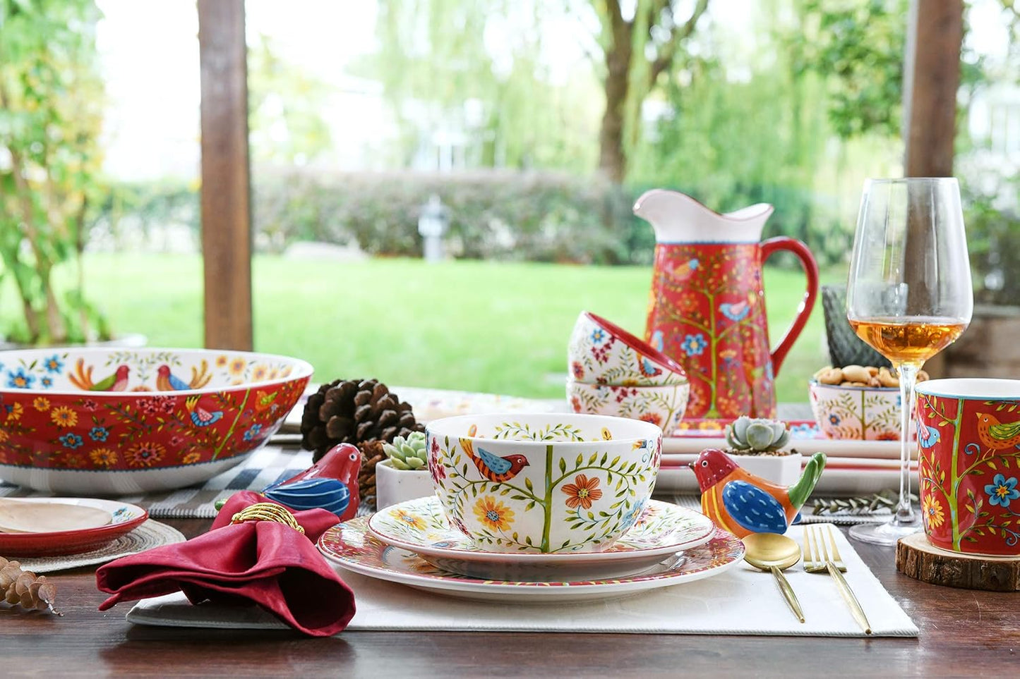 Bico Red Spring Bird Dinner Plates Set of 4, 11 Inch Large Ceramic Plates for Pasta, Steak, Stylish Serving Dishes, Microwave and Dishwasher Safe, Gift for Housewarming and Thanksgiving