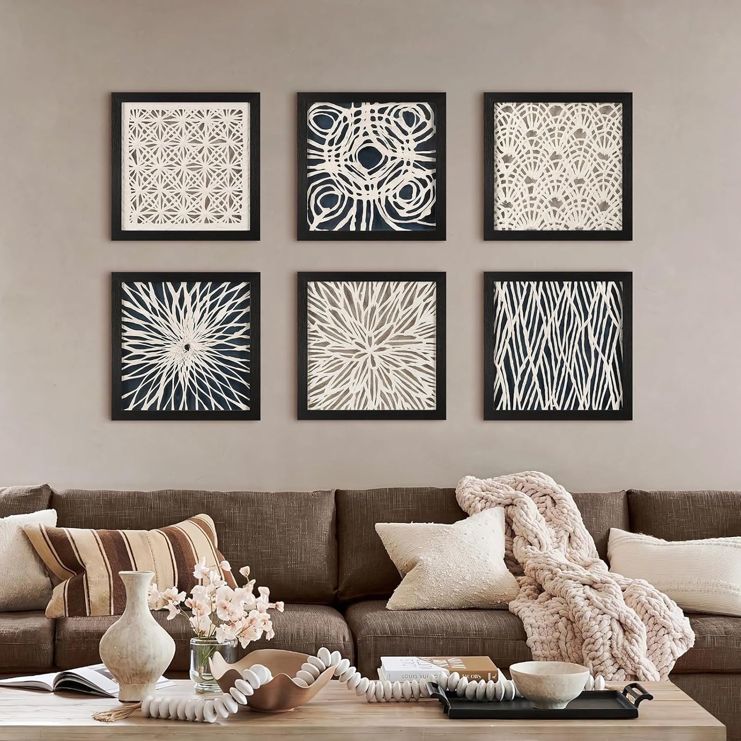 FOLKOR Abstract Wall Art Framed for Modern Home Office, 12" Handmade Rice Paper Spiral Artwork Maximalist Decor, Black and White Geometric Shadow Box Wall Panel for Bedroom Hallway Decoration