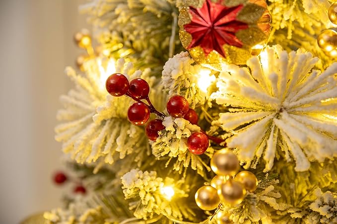 24'' Mini Artificial Christmas Tree with LED Lights and Faux Berrys, PreLit Snow Flocked Xmas White Trees, Christmas Porch Small Fake Trees for Outdoor, Home, Porch & Yard - Set of 2