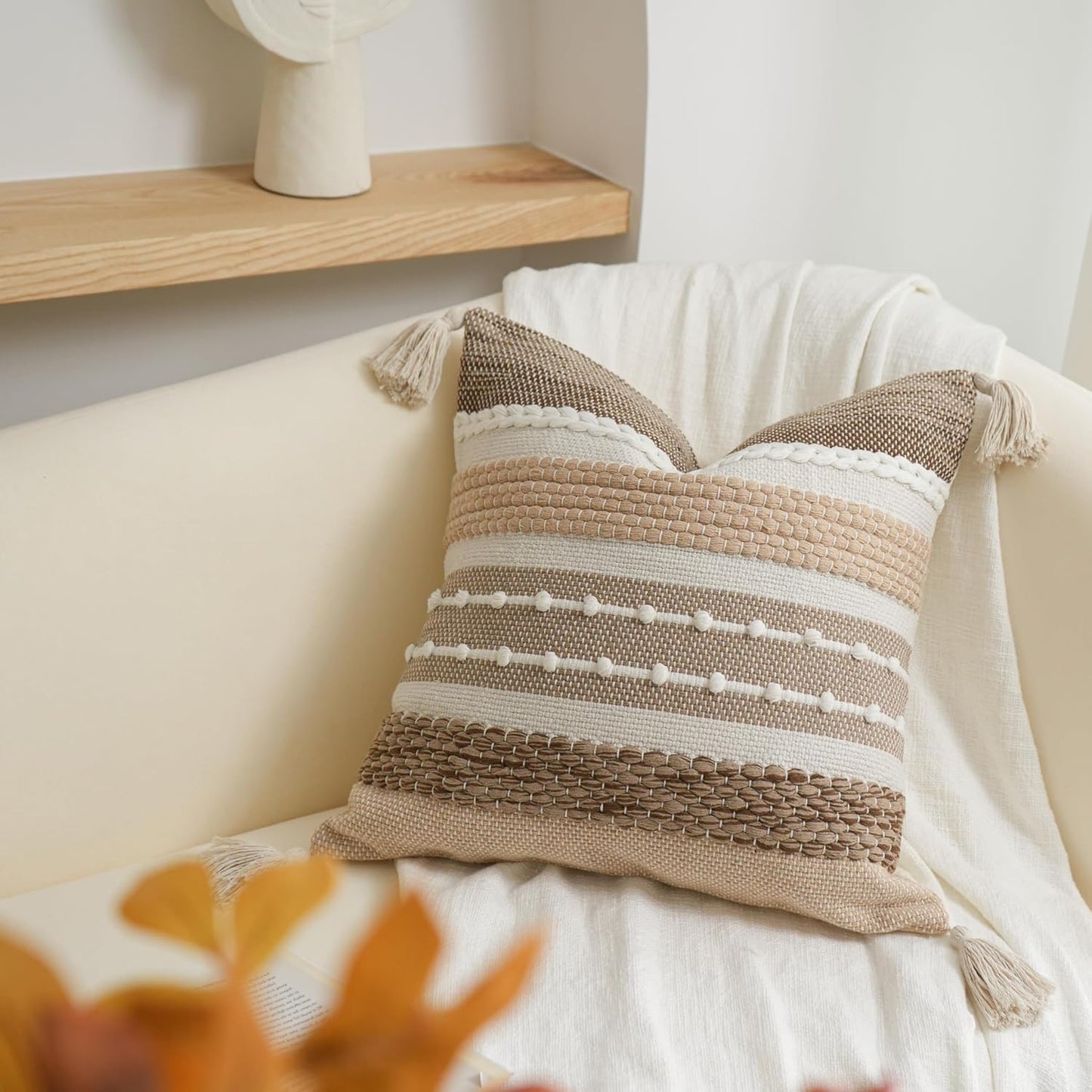 BlissBlush Brown Decorative Throw Pillow Cover 18x18 Square Boho Accent Pillowcase Tassels Farmhouse Cushion for Couch Sofa Bedroom Livingroom Home Décor Cover ONLY (Pack of 1)