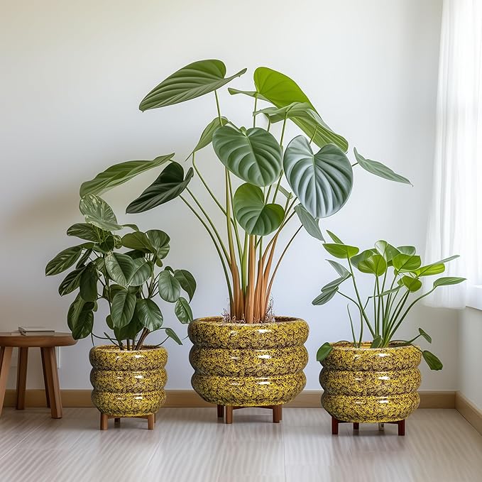 SQOWL Ceramic Flower Pots - 10 Inch Plant Pot Indoor with Drainage Hole, Round Bubble Planter for Outdoor Plants, Decorative Ceramic Plant Pot, Porch Home House Decor, House Warming Gifts, Yellow