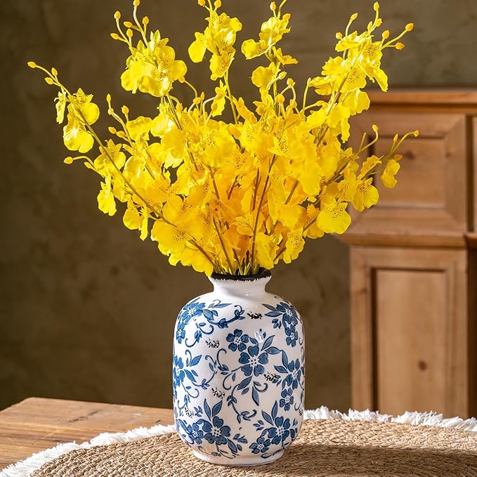 Blue and White Vintage Vase, Ceramic Chinoiserie Floral Vases, Round Farmhouse Rustic Large Flower Vase for Home Decor, Living Room, Office, Bookshelf, Grand Millennial Chinoiserie Decor 7.7 Inch