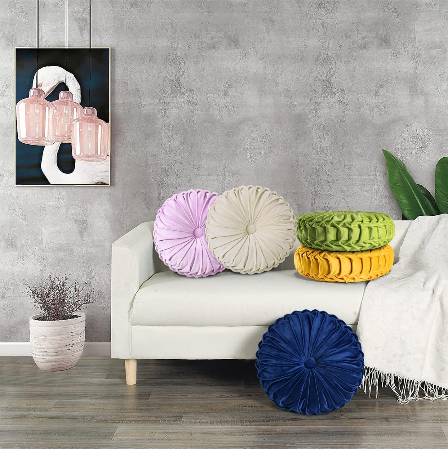 HIG Set of 2 Decorative Round Pleated Throw Pillows,Classy Accent Pumpkin Throw Pillows with Center Button,Vintage Velvet Floor Pillows for Sofa Vanity Chair Bed, Beige,14.6" Diameter(Ripple)