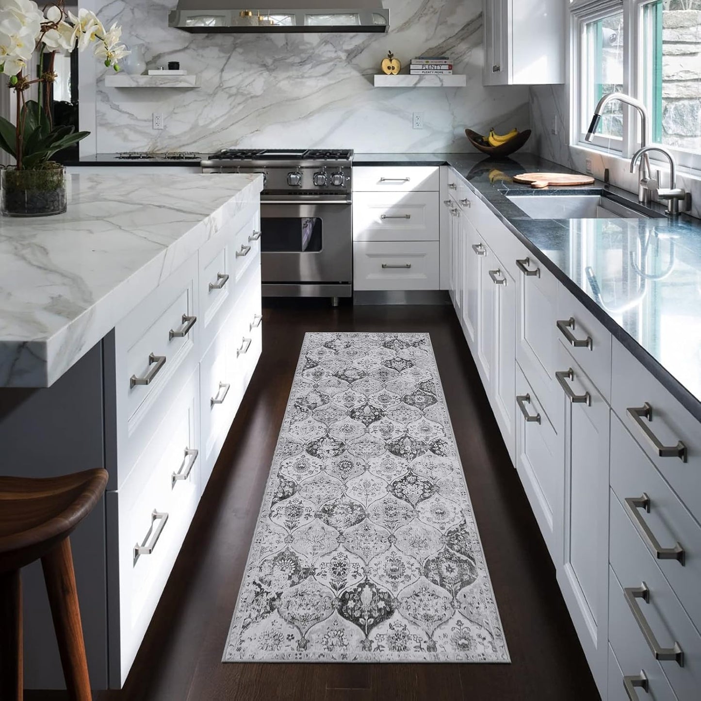 Lahome Moroccan Trellis Washable Runner Rug, 2x6 Kitchen Runners for Hallways 6 Feet Non Slip, Vintage Laundry Room Rug Ultra-Thin Long Carpet for Bathroom Bedroom Entryway, Silver/Grey