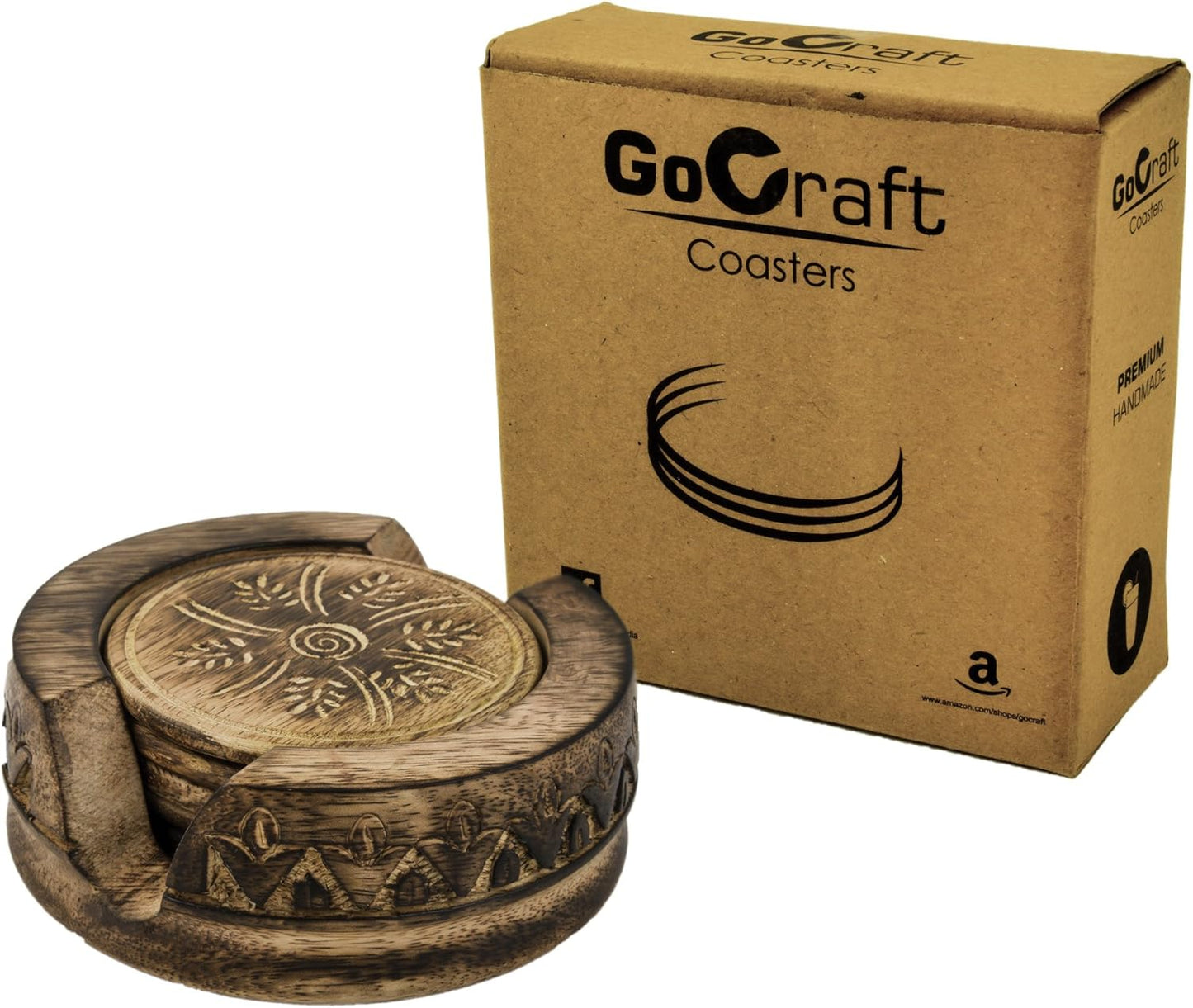 GoCraft Wooden Coasters Set of 6 | Handmade Drink Coasters with Lotus Shaped Holder in Rustic Wood Design Carving