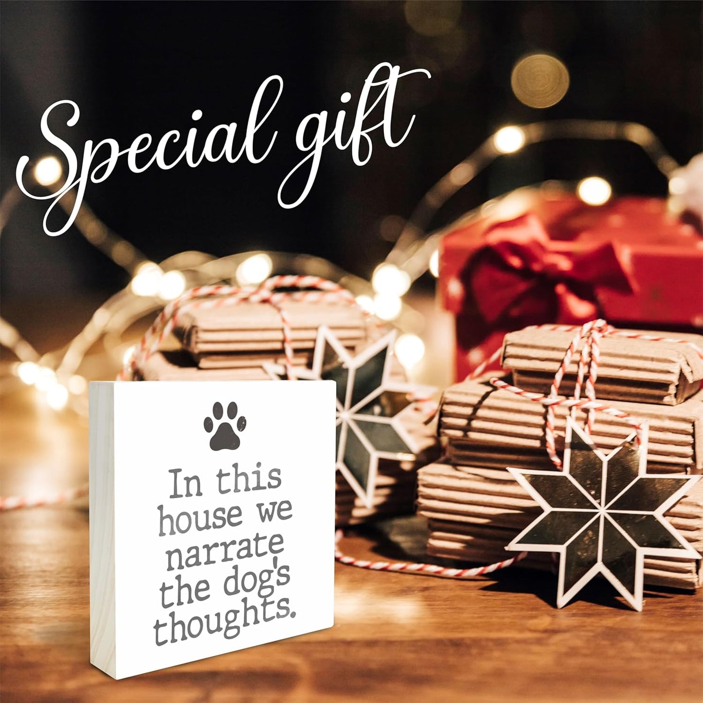 Dog Paw Wooden Block Sign - In This House We Narrate The Dog's Thoughts - Dog Theme 4"X4" Decorative Pine Wood Plaque, Home & Office Desk Decor, Dog Lover Gift, Room Tabletop, Shelf Accessories - A04