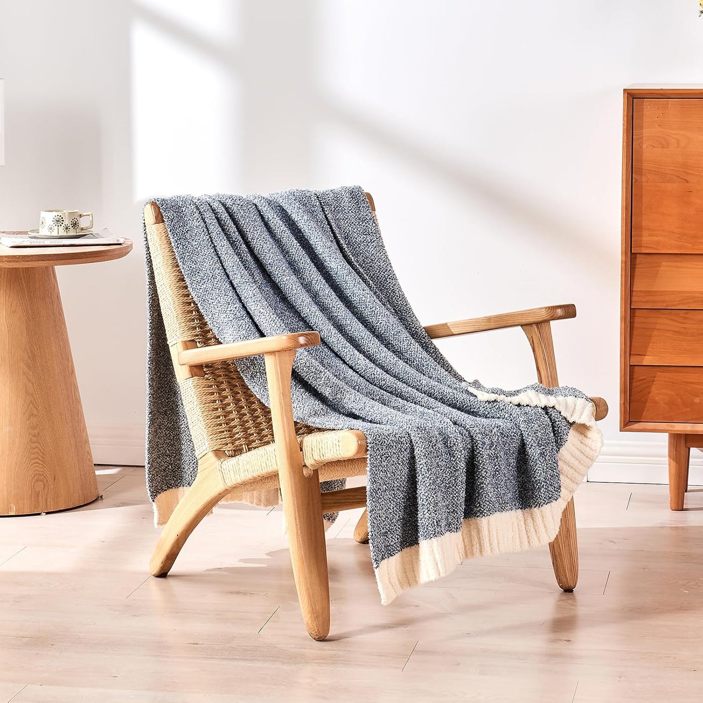 CozeCube Super Soft Fullfy Microfiber Reversible Knitted Blankets, Warm Cozy Fuzzy Plush Throw, Dusty Blue and White Melange Throw Blanket for Couch Bed Sofa, 50" x 60"