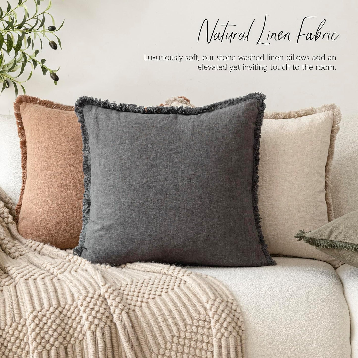 Foindtower Decorative Linen Fringe Throw Pillow Covers Cozy Boho Farmhouse Cushion Cover with Tassels Soft Accent Pillowcase for Chair Sofa Bed Living Room Home Decor, 22×22 Inch, 1PC, Gray