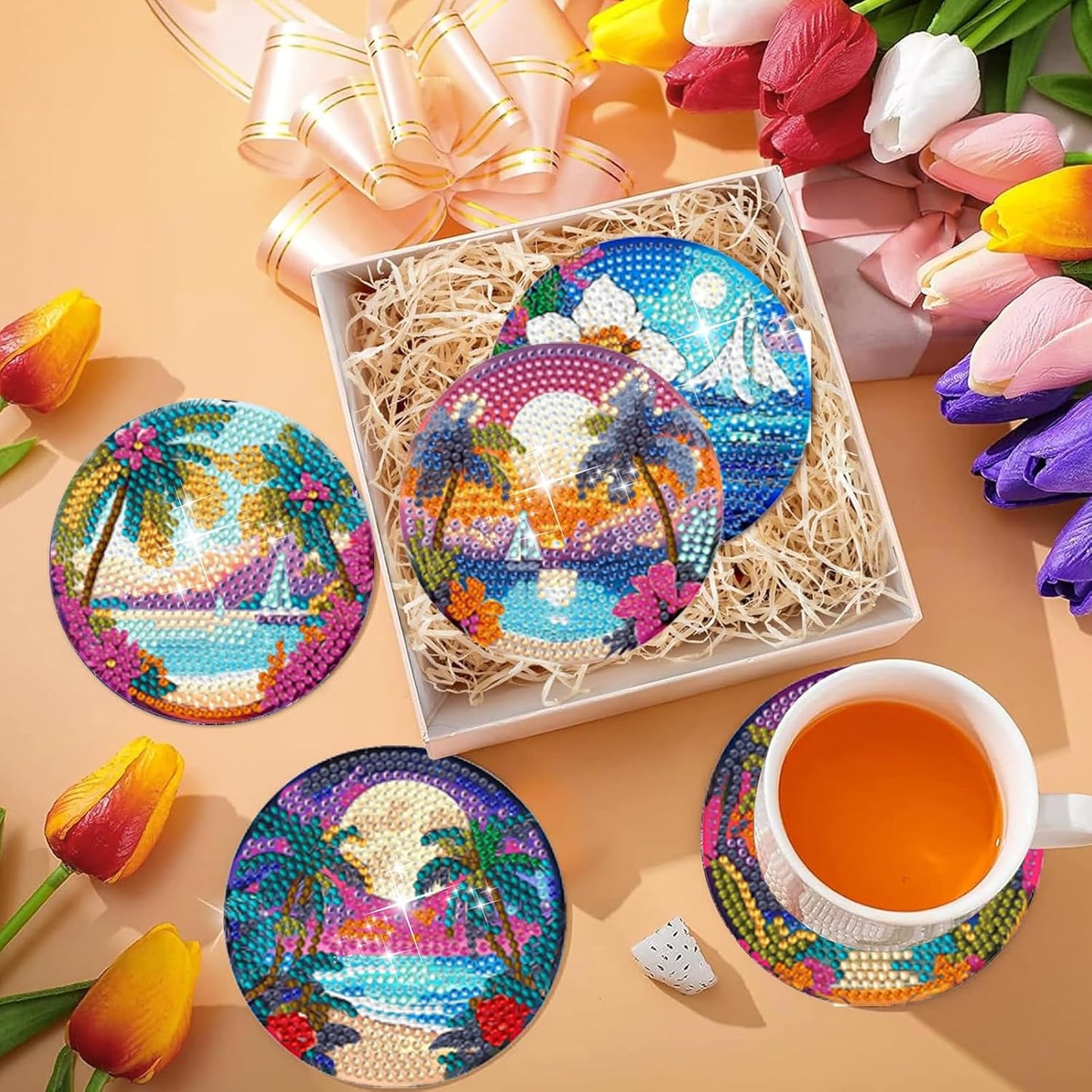 EWJRNSF 6 PCS Small Diamond Art Coasters Kits, Diamond Painting Coasters, Fall Diamond Art Kits for Adults Beginners, Arts and Crafts Item Sets with Holder for Drinks. Ocean Beach