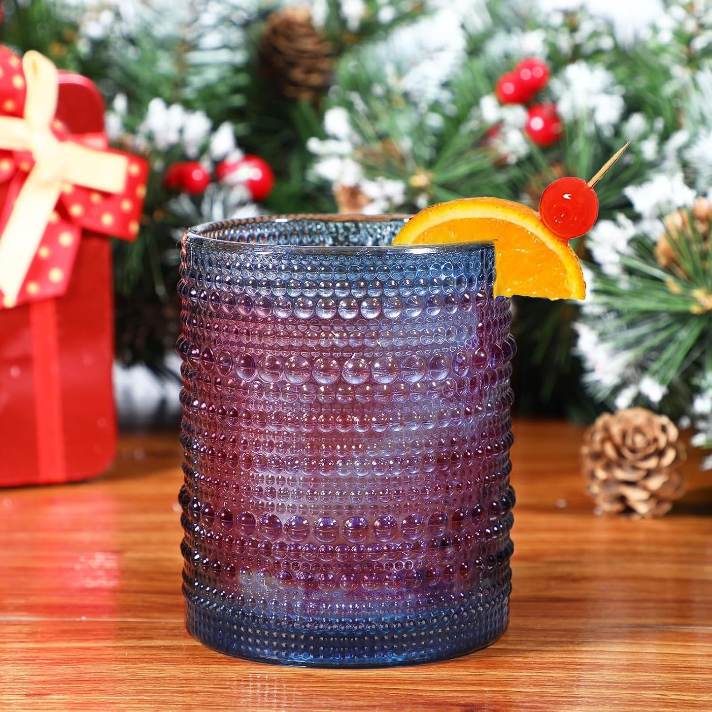 Hobnail Drinking Glasses Set of 6,12oz Blue Vintage Glassware,Cocktail Glasses,Embossed Glass Cups,Water Tumbler for Whiskey, Juice and Various Mixed Drinks