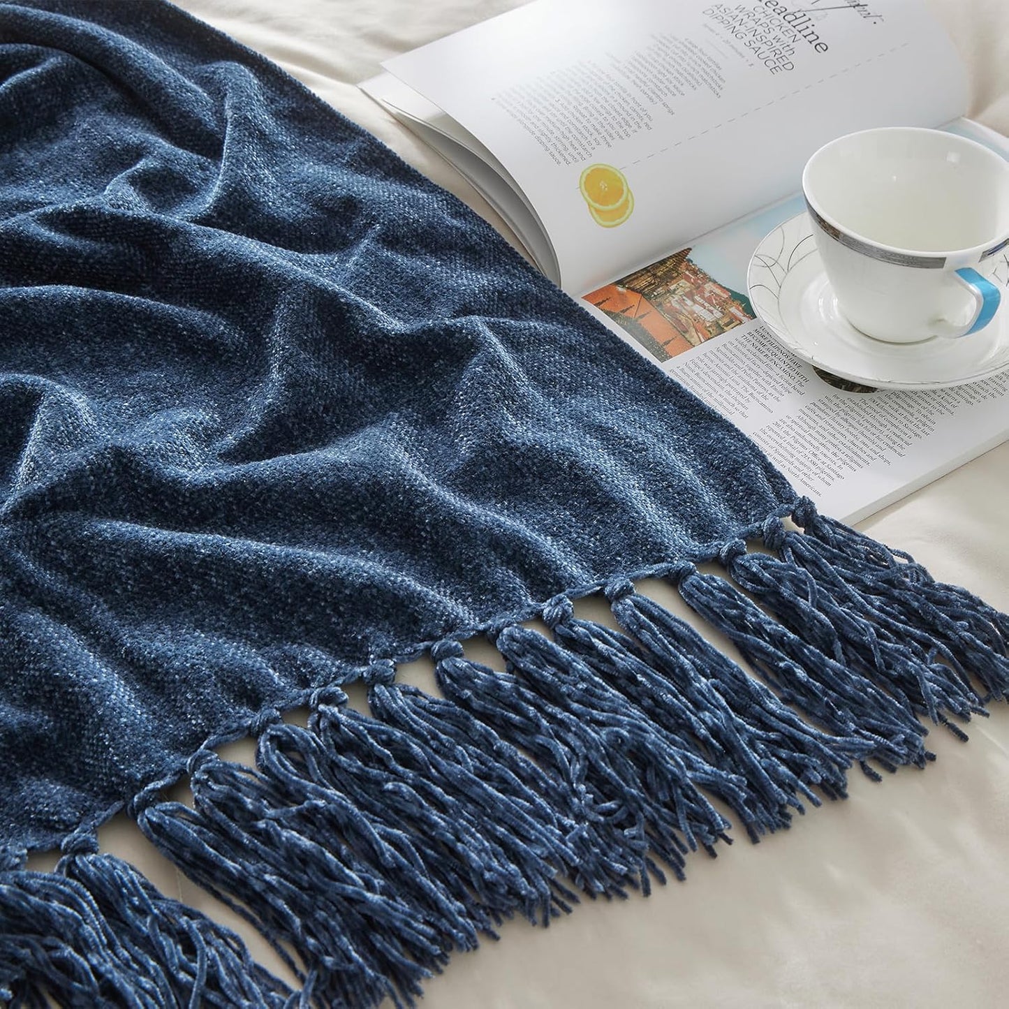 CozeCube Chenille Throw Blanket for Couch, Cozy Plush Fuzzy Decorative Navy Blue Blanket with Fringe Tassels, Lightweight Throws for Bed Sofa Gift Home Decor, 50"X60"