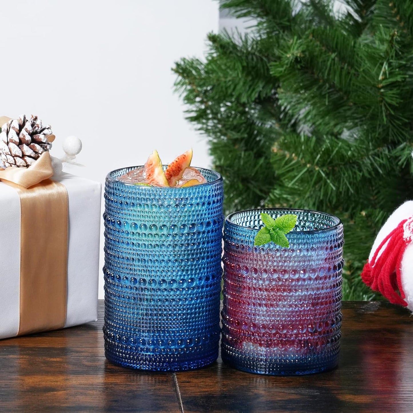 Large Hobnail Drinking Glasses Set of 6,15oz Blue Vintage Glassware,Embossed Glass Cups,Water Tumbler,Highball Glasses For Beer, Juice And Various Mixed Drinks