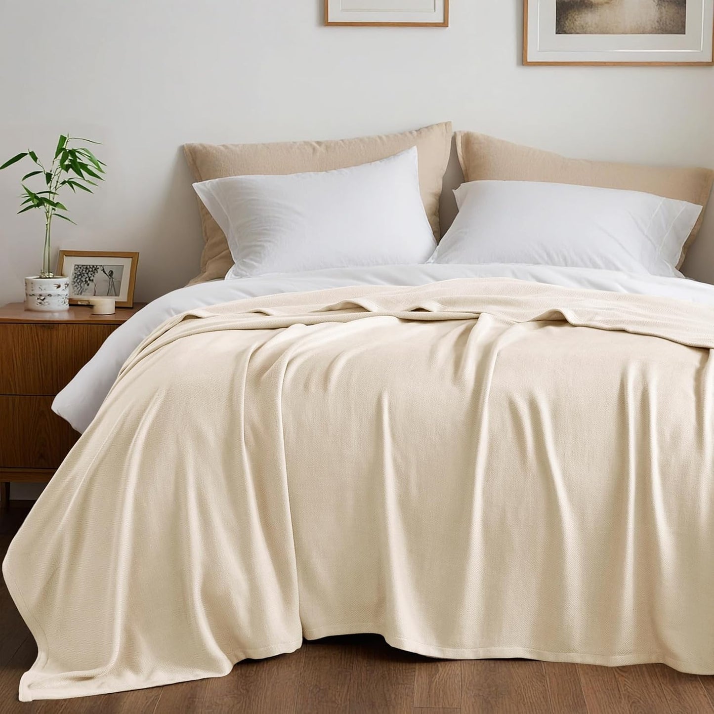 King Size Blanket, 70% Rayon (Derived from Bamboo) and 30% Cotton, Lightweight Jacquard Weave, Breathable and Soft Summer Blanket for Bed or Couch, 108” x 90”, Ivory