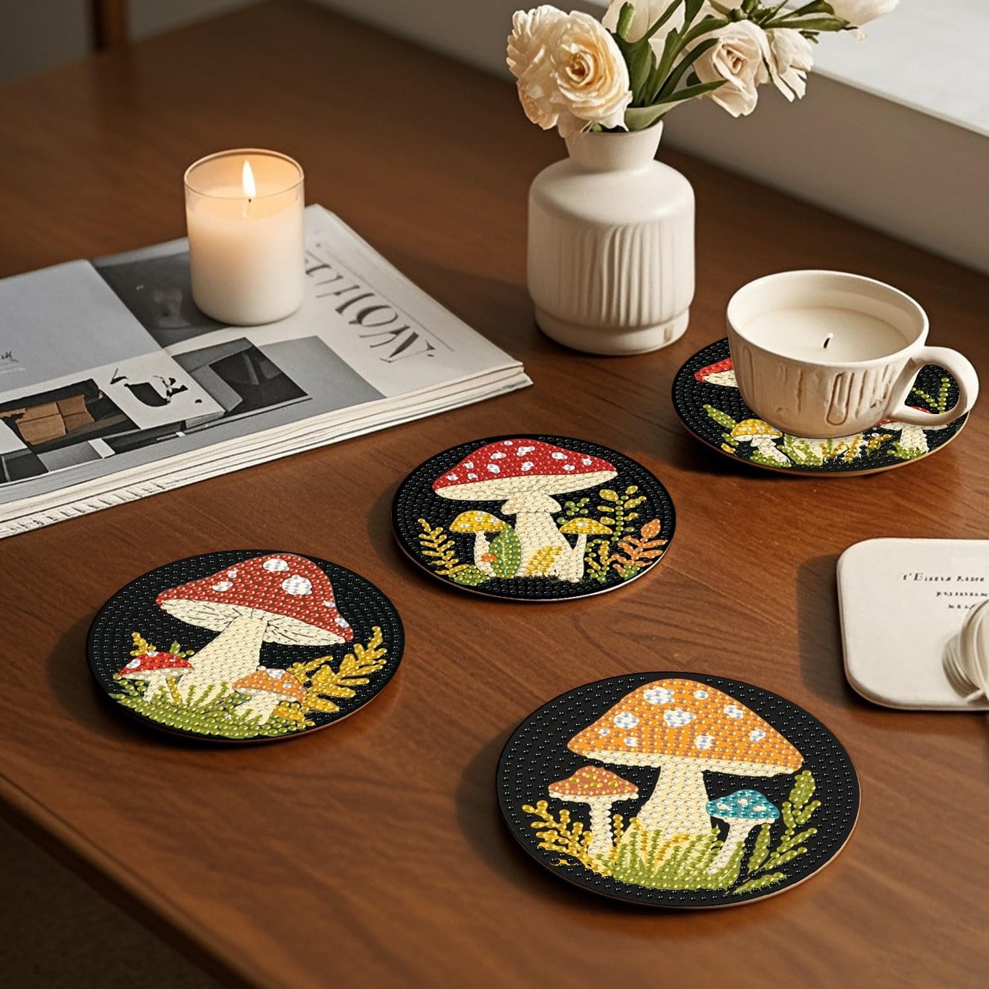 EWJRNSF 6 PCS 5D Diamond Painting Coasters Kits with Holder, Small Diamond Art Kits for Adults Beginners Diamond Dots Arts and Crafts Gems Supplies Item Mushroom Shaped