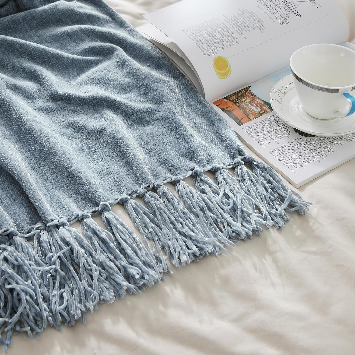 CozeCube Chenille Throw Blanket for Couch, Cozy Plush Fuzzy Decorative Dusty Blue Blanket with Fringe Tassels, Lightweight Throws for Bed Sofa Gift Home Decor, 50"X60"