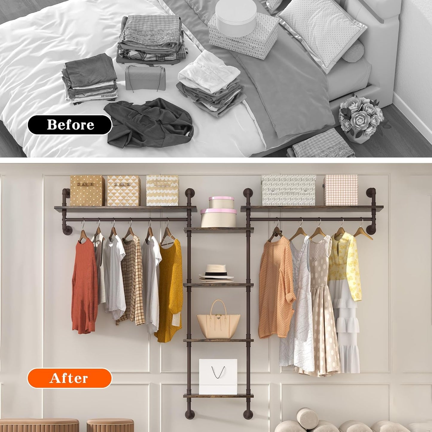 Helsin 5-Tiers 74inch Large Rustic Industrial Pipe Floating Shelving, Wall Mounted Heavy Duty Clothes Rack with Double Hanging Rods Display Storage Rack for Bedroom Organization & Home Décor