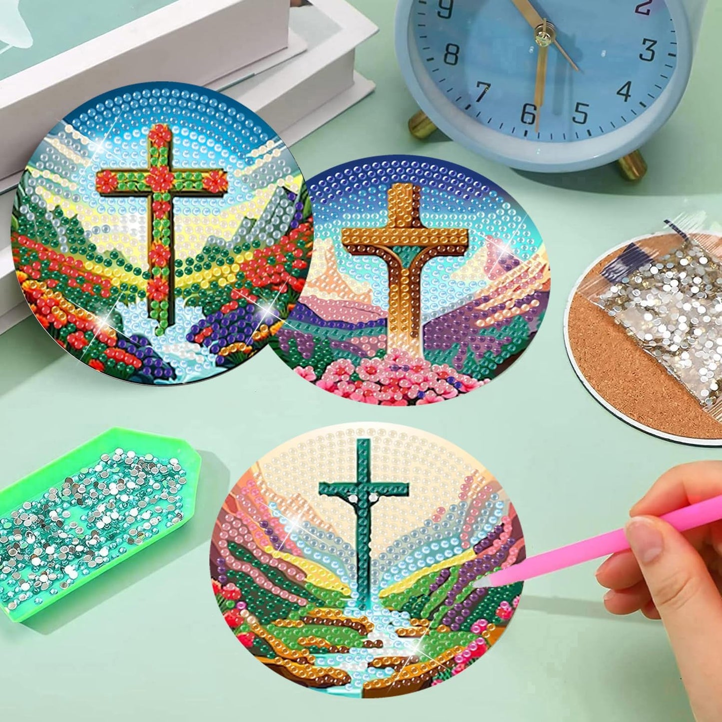 Meothan 8 Pcs Diamond Art Coasters Kits for Adults with Holder Cork Pads, Cross Diamond Dots Art Painting Coasters Crafts Kit for Home Office Decor (Religion)