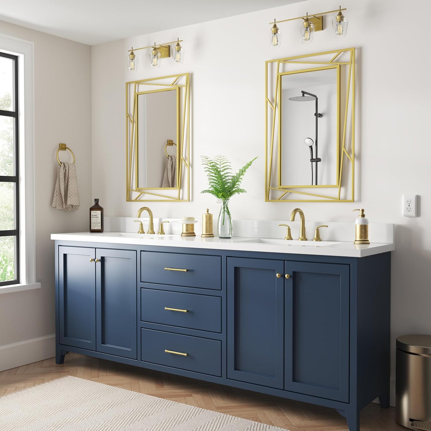 Gold Bathroom Mirror for Over Sink, 28''X20'' Brushed Gold Rectangle Bathroom Vanity Mirror with Geometric Metal Frame, Anti-Rust, Hang Horizontally or Vertically