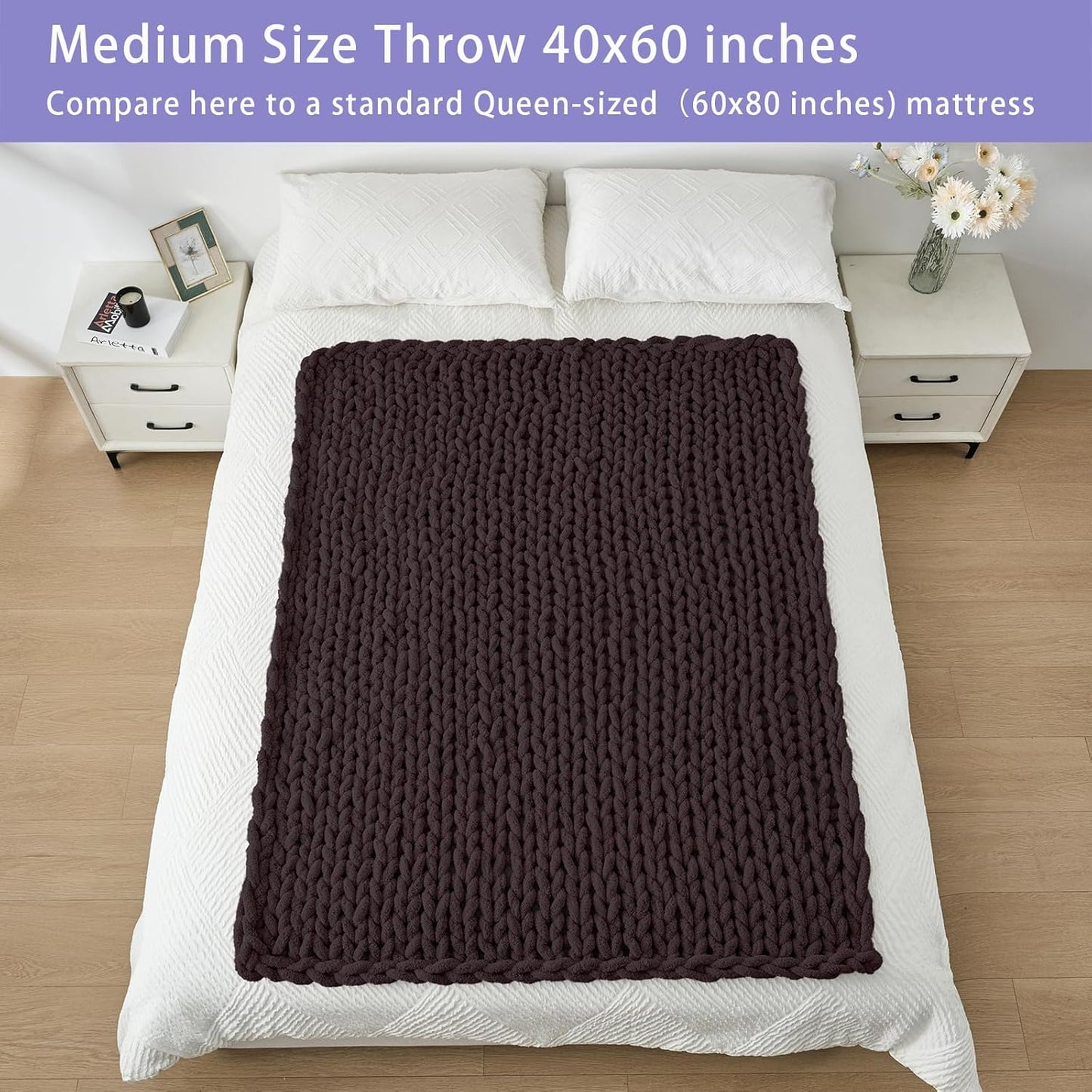 Bigacogo Chunky Knit Throw Blanket for Couch, 40x60 inches, 100% Hand Knitted with Thick Jumbo Chenille Yarn, Cozy Soft Large Rope Knot Cable Crochet Blankets for Sofa Bed Living Room, Chocolate