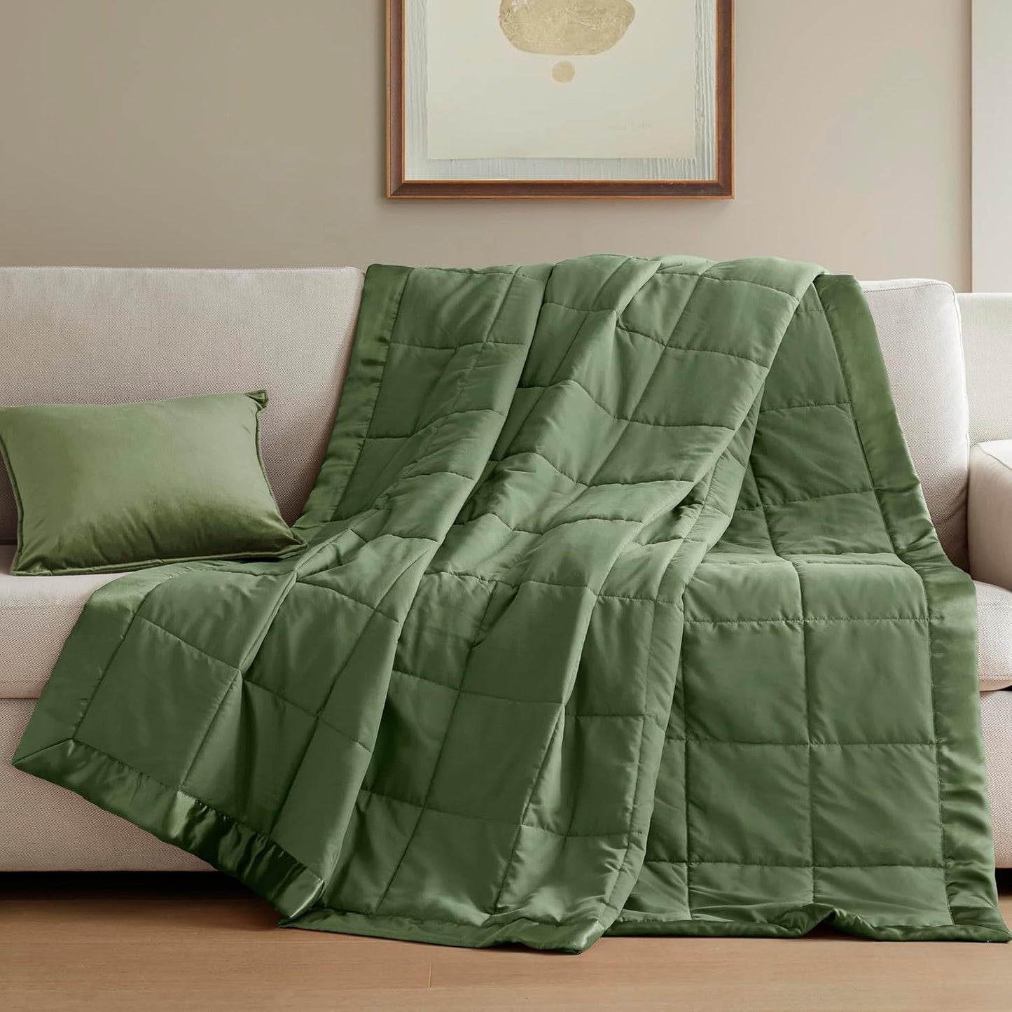 Madison Park Queen Blanket Quilted Microfiber, Satin Binding, 3M Scotchgard Moisture Wicking, Soft and Lightweight Summer Blanket for Couch, Windom, Full/Queen, Green