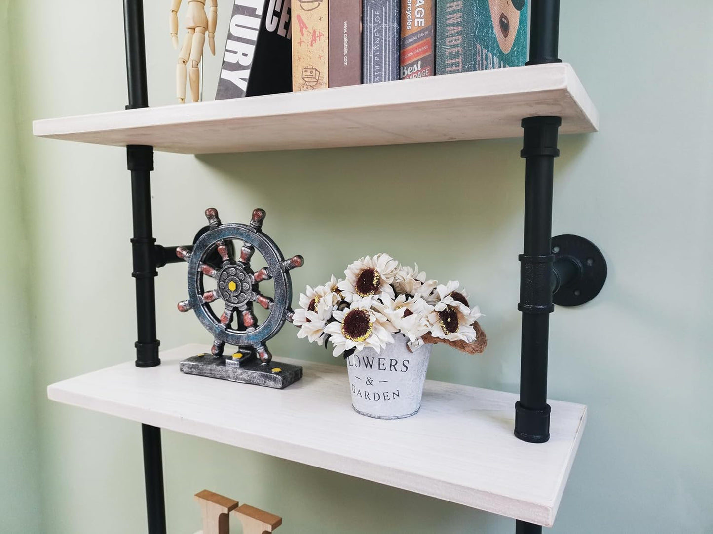 Industrial Ladder Pipe Shelves, Wall Mounted Wood Metal Rustic Bookshelf for Living Room (White, 6 Tier - 10" D x 24" W x 82.5" H)