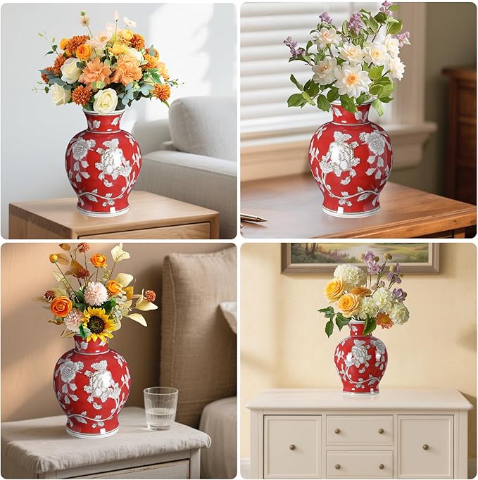 Vintage Chinoiserie Floral Ceramic Vase, Large Rustic Pottery Vases for Living Room, Entryway, Dining Table Centerpiece, Farmhouse Home Décor, Floor or Tabletop Flower Vase, (Red)