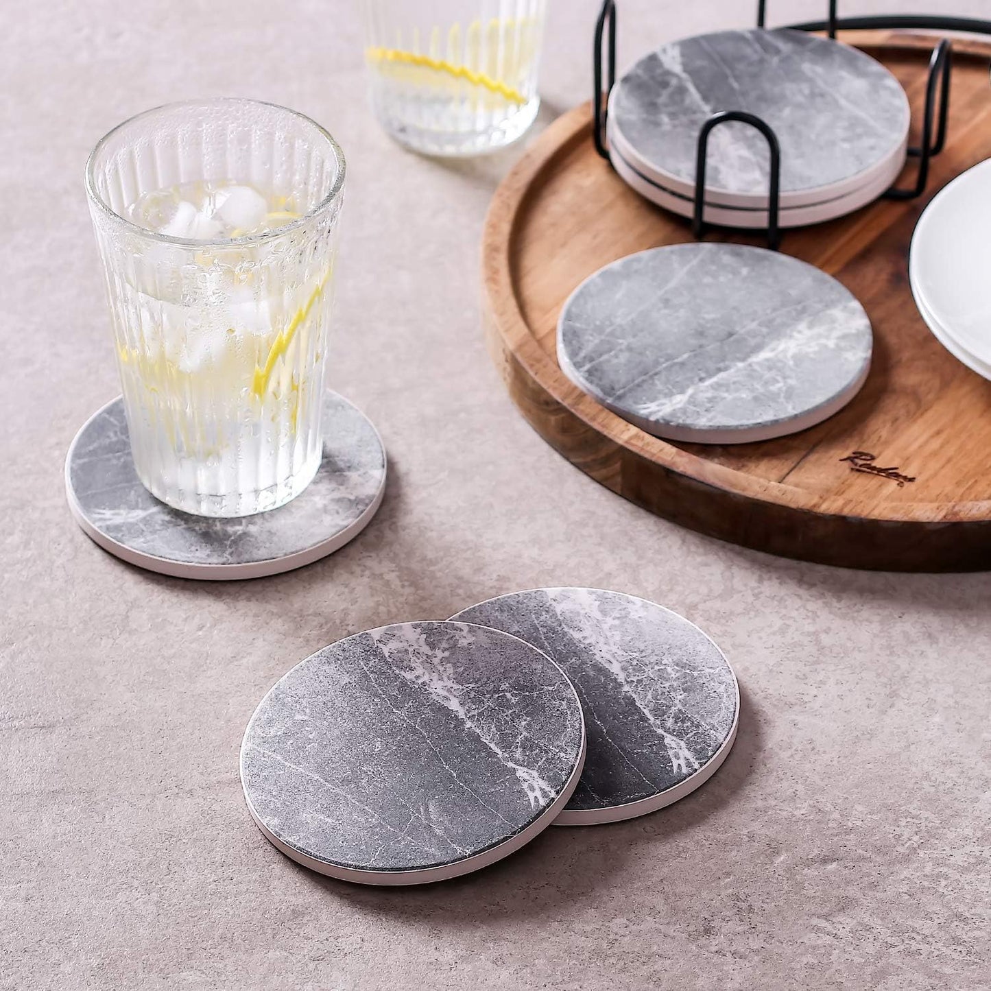 LIFVER Coasters for Drinks Absorbent, Living Room Decor, Ceramic Coasters Set of 6 with Cork Base, Protect Wooden Table or Furniture from Scratched, Drink Coasters with Holder - Grey