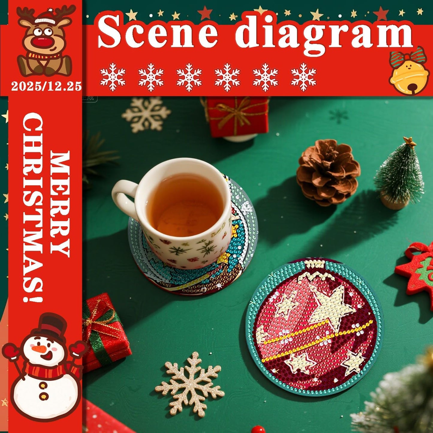 DOTSOPS 8 Pcs Diamond Art Kits for Adults Small Diamond Art Coasters with Holder,Diamond Art Painting Coasters for Adults Beginners Diamond Craft for Christmas Birthday (Christmas Ornaments)