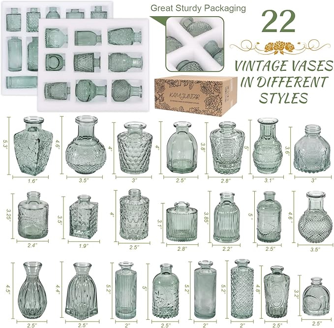 Green Glass Bud Vase Set of 22, Small Vases for Flowers, Clear Glass Vases for Centerpieces, Mini Bud Vases in Bulk Rustic Wedding Decorations, Centerpieces, Vintage Look Home Table Flower Decor