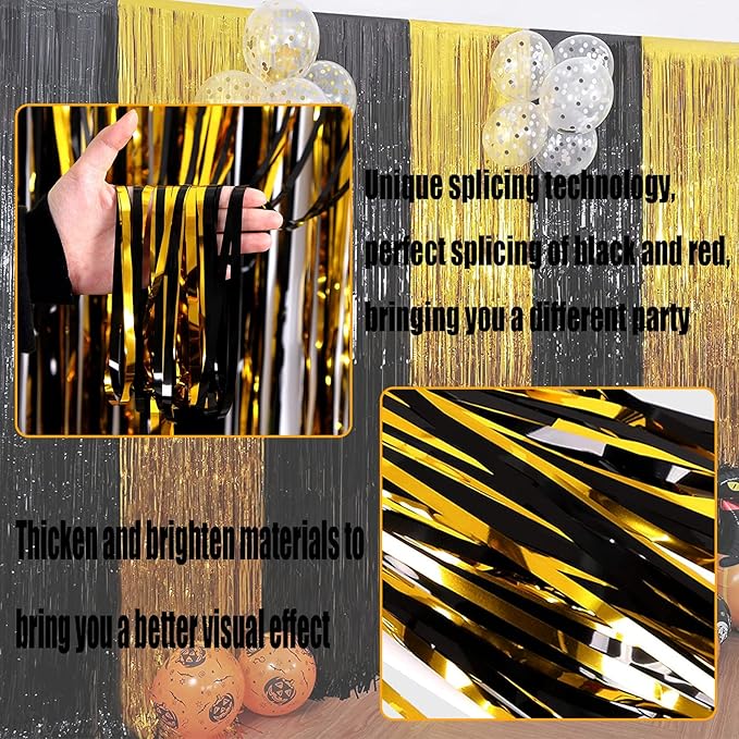 4 Pack Black Gold Foil Fringe Curtain Backdrop, 3.28Ft x 9.8Ft Metallic Tinsel Foil Fringe Streamers Curtains for Photo Booth, Wedding, Graduation, Birthday, Carnival Party Decoration