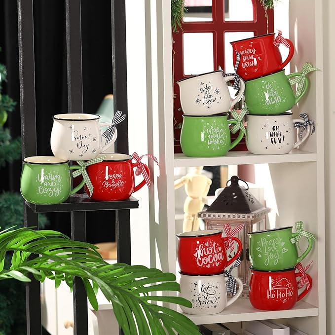 Zubebe Christmas Coffee Mugs Set of 12, 12 oz Hot Cocoa Ceramic Holiday Mugs Set for Mom, Woman, Family, Friend - Farmhouse Tiered Tray Decor, Coffee Bar Decor(Red, Green, White)