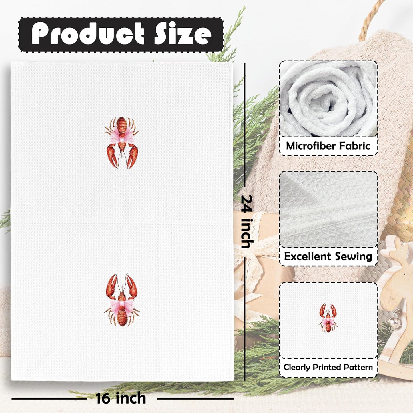 Coquette Crawfish Kitchen Towels - Preppy Coastal Seafood Boil Dish Towels, Ocean Beach Lobsters Decorative Absorbent Dishcloths Hand Towel Set of 2 for Beach House Kitchen Decor 16x24 Inches