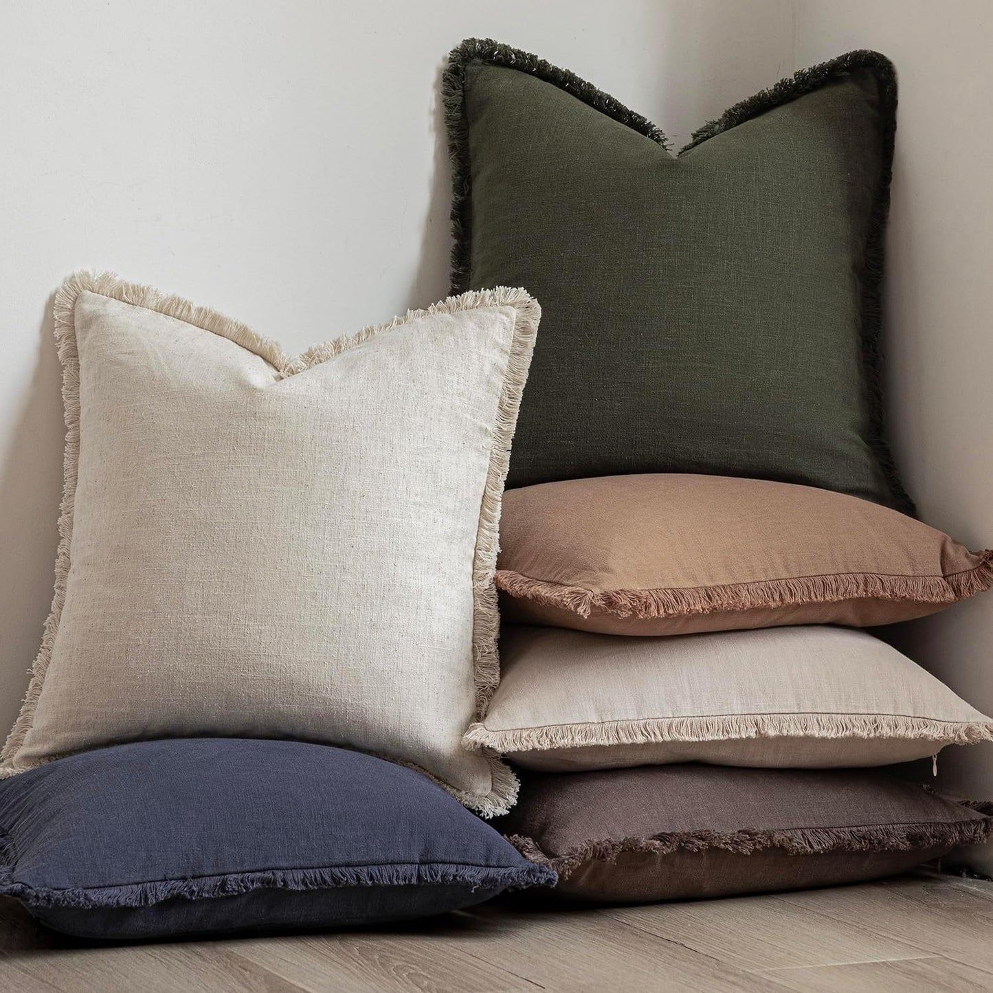 Foindtower Decorative Linen Fringe Throw Pillow Covers Cozy Boho Farmhouse Cushion Cover with Tassels Soft Accent Pillowcase for Chair Sofa Bed Living Room Home Decor, 20×20 Inch, 1PC,Dark Olive Green